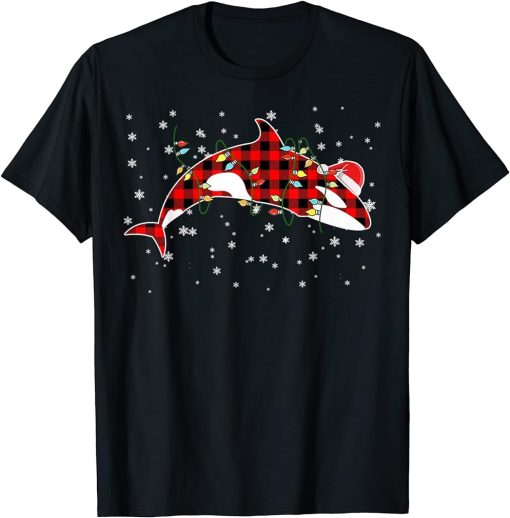 Red Plaid Buffalo Orca Christmas Pajamas Family Xmas Lights T-Shirt