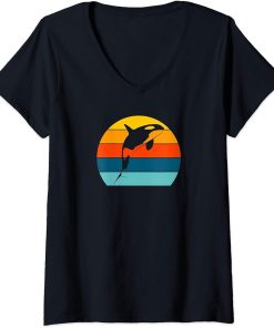 Womens Orca Killer Whale Retro Vintage Sunset Women Men Girls Boys V-Neck T-Shirt