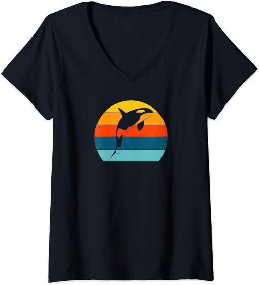 Womens Orca Killer Whale Retro Vintage Sunset Women Men Girls Boys V-Neck T-Shirt