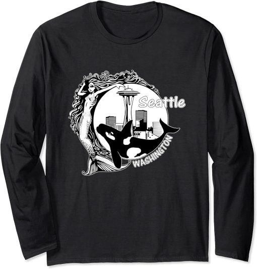 Vintage Seattle Washington Space-Needle Mermaid Orca Long Sleeve T-Shirt