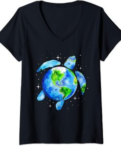 Womens Earth Day 2023 Restore Save The Planet Earth Sea Turtle Art V-Neck T-Shirt