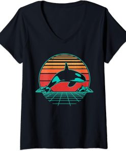 Womens Killer Whale Orca Sea Ocean Retro Vintage Sunset Grid Gift V-Neck T-Shirt
