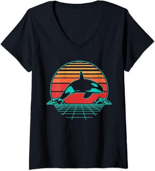 Womens Killer Whale Orca Sea Ocean Retro Vintage Sunset Grid Gift V-Neck T-Shirt