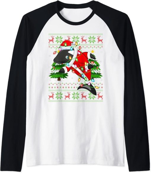 Orca Fish Xmas Tree Matching Santa Orca Ugly Christmas Raglan Baseball Tee