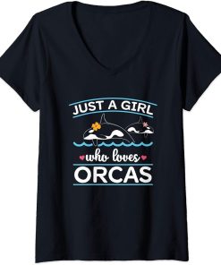 Womens Just A Girl Who Loves Orcas Cute Killer Whales Design V-Neck T-Shirt