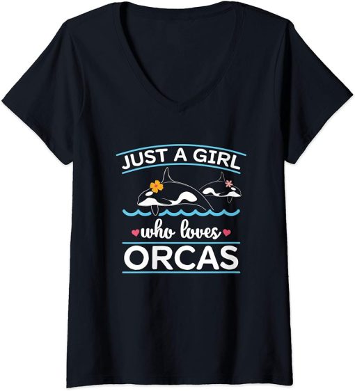 Womens Just A Girl Who Loves Orcas Cute Killer Whales Design V-Neck T-Shirt