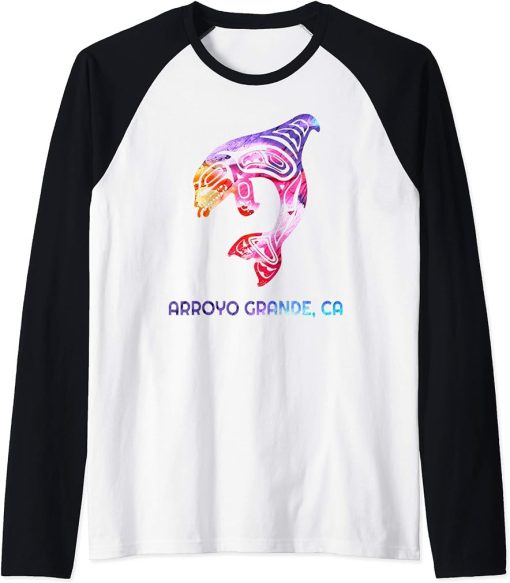 Arroyo Grande California Orca Killer Whale Native American Raglan Baseball Tee