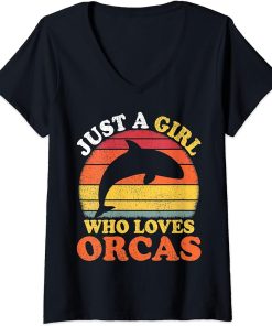 Womens Orca Fish Vintage Just A Girl Who Loves Orcas V-Neck T-Shirt