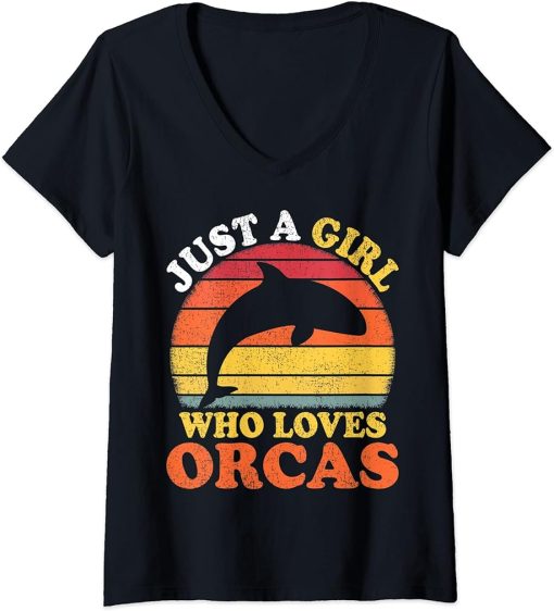 Womens Orca Fish Vintage Just A Girl Who Loves Orcas V-Neck T-Shirt